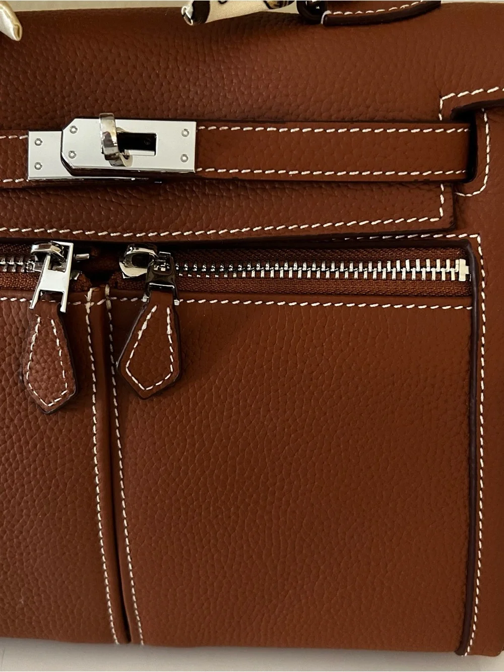 25cm Double Front Pocket Brown Leather Satchel with Scarf-Wrapped Handle